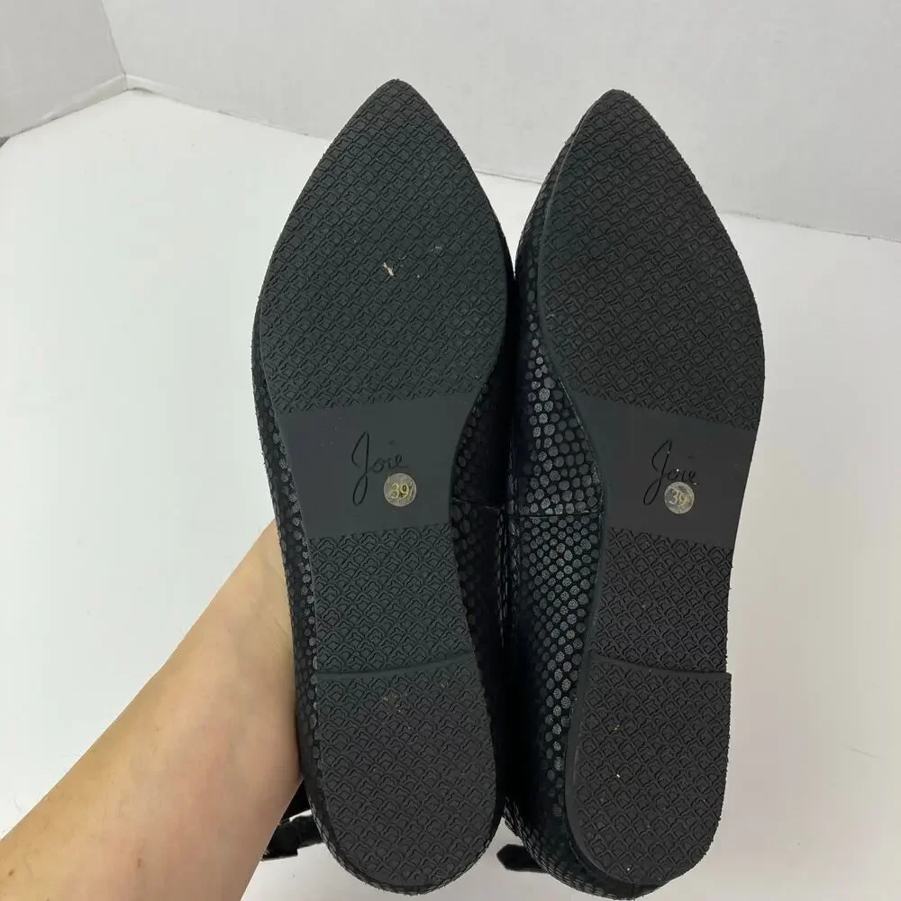 Joie Sz 9 Temple Black Embossed Leather Ankle Wrap Ballet Flats Pointed Toe